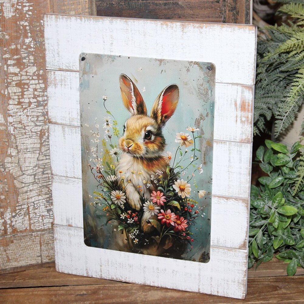 NEW Lrg Distressed Bunny Rabbit & Wild Flower Shabby French Farmhouse Wall Decor